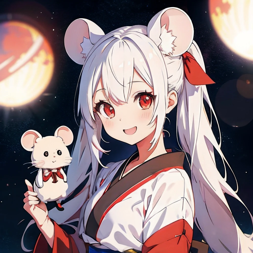 Anime girl with white hair, girl with１a person、（personification）、straight haired、（Twin-tailed）Twin-tailed、Red hair ornament、Anime girl with round ears of a mouse, Anime visuals of cute girls, （Wearing a red kimono）（large ears that are round and white,,,,）、（I have a pet rat next to me）、portlate、（Outer space background）Outer space background、（A big smile）