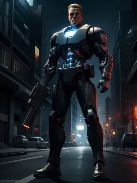 A terminator in the dark city with high automatic gun, full body, 8k, ultrarealistic