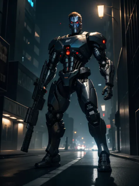 A high modified terminator in the dark city with high automatic gun, full body, 8k, ultrarealistic