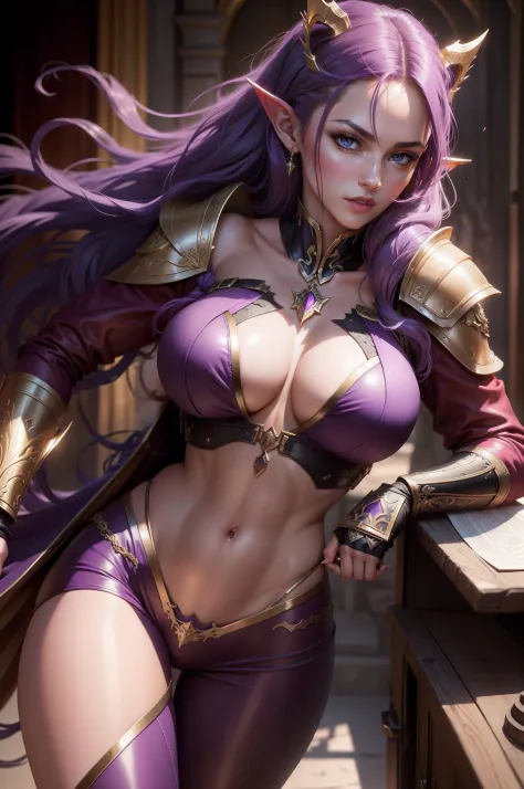 8K,Black and purple chest armor with big breasts