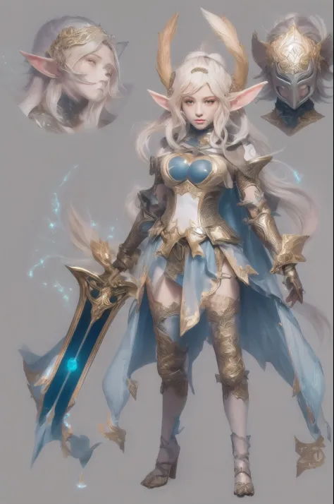 Design a layout showcase Gaming character, a Elf Knight. Golden+Purle clothes, stylish and unique, detailed magic bow, (masterpiece:1.2), (best quality), 4k, ultra-detailed, (dynamic composition:1.4), Step by step design, layout art, (luminous lighting, at...