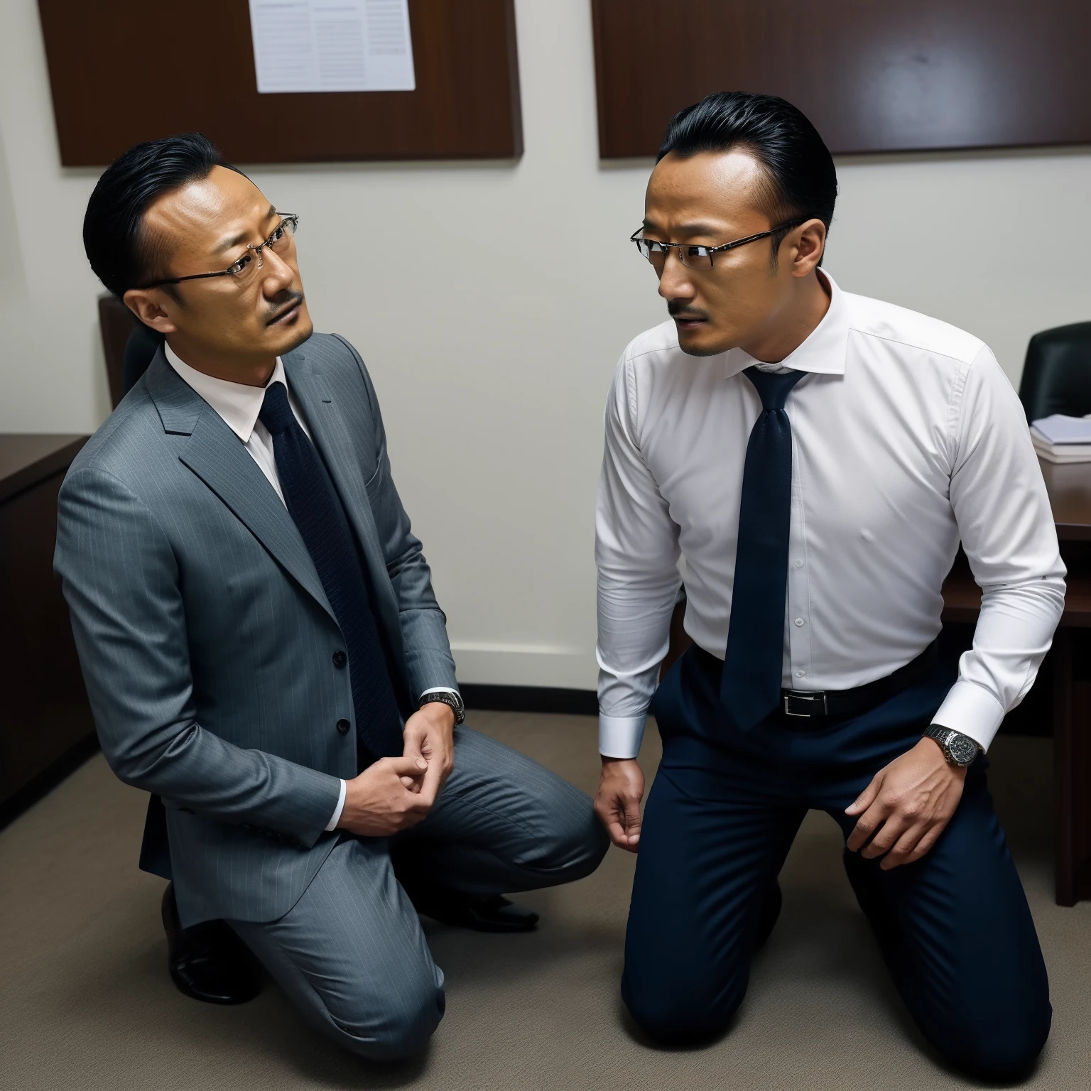 Two men in suits are sitting on the floor talking - SeaArt AI