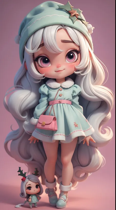 Create a series of loli chibi style dolls with a cute Christmas theme, each with lots of detail and in an 8K resolution. All dolls should follow the same solid background pattern and be complete in the image, mostrando o (corpo inteiro, incluindo as pernas...