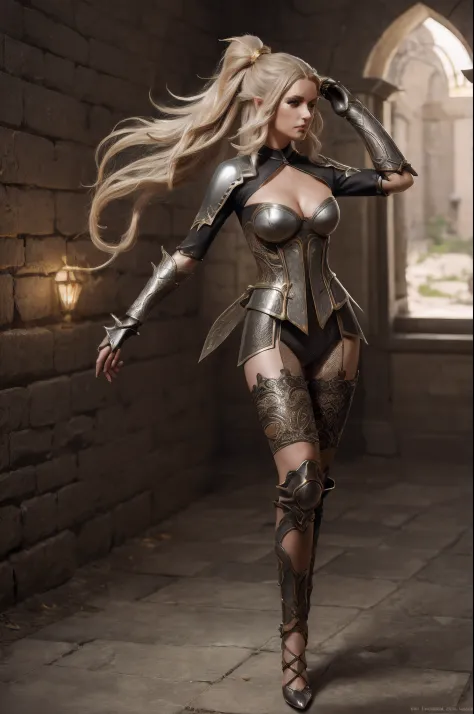 Design a layout showcase Gaming character, a Elf Knight. Golden+Purle clothes, stylish and unique, detailed magic bow, (masterpiece:1.2), (best quality), 4k, ultra-detailed, (dynamic composition:1.4), Step by step design, layout art, (luminous lighting, at...