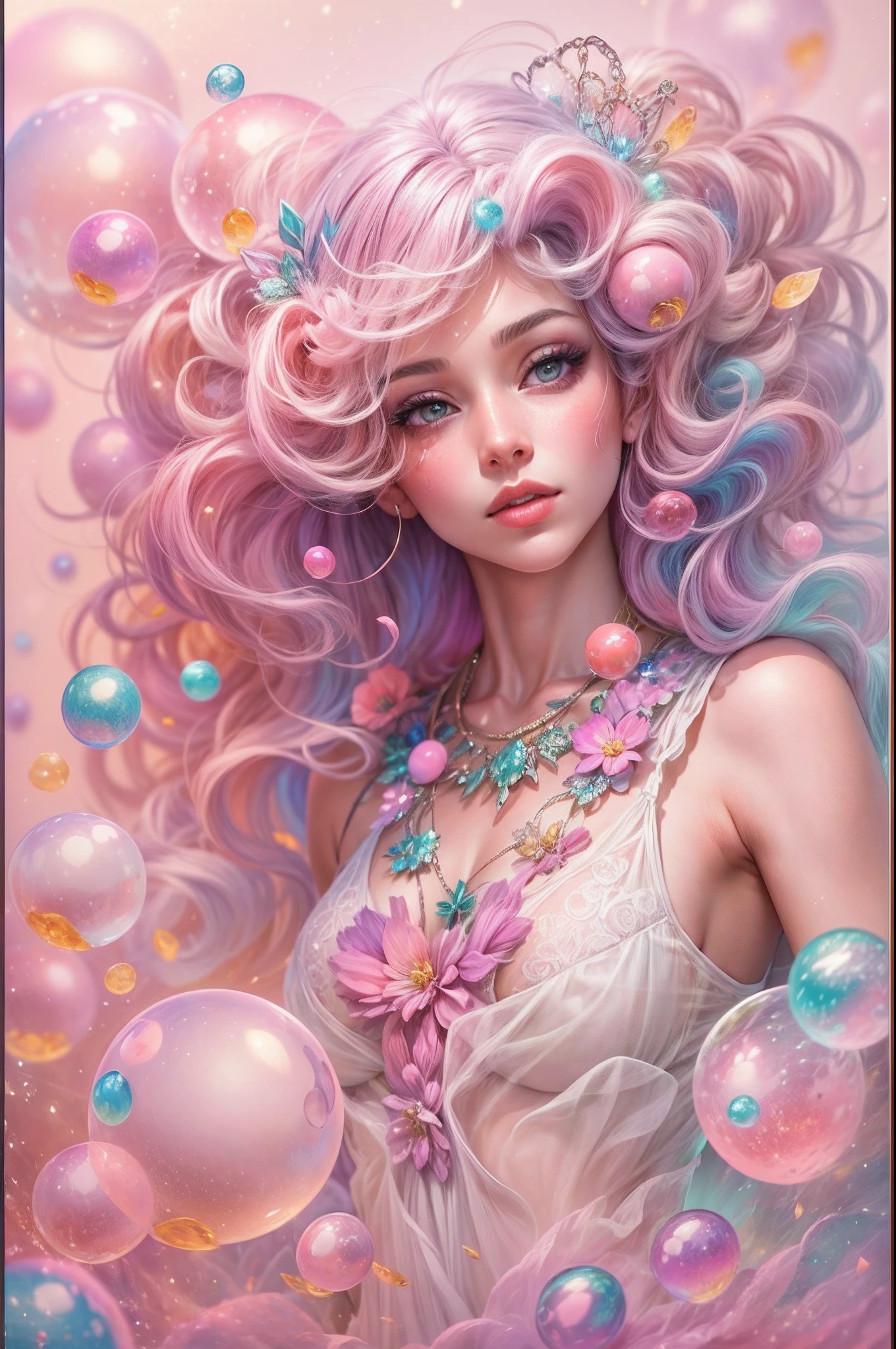 ((masterpiece)). This artwork is sweet, dreamy, and ethereal, with soft pink watercolor hues and lots of ornate cotton candy accents. Generate a delicate and demure fae exploring a (bubblegum world with a wide variety of pastel shades). Her sweet face is extremely detailed and realistic with elegant features, a perfect mouth with puffy kissable lips, and looks like ((((a fancy Micarah Tewers)))). Her lips are a uniform pink hue. Include mature features and stunning, highly realistic eyes. Her eyes are important and should be realistic, highly detailed, and beautiful. In high definition and detail, include lots of details like stars, galaxies, colorful bubbles, colorful petals, dripping shimmering paint, iridescence, and lots of energy and emotion. The stars and colorful bubblegum bubbles are important! Include fantasy details, enhanced details, iridescence, colorful glittering wind, and pollen. Pay special attention to her face and make sure it is beautifully and realistically detailed. Camera: This art is dreamy and ethereal and the camera should emphasize those traits. Create something that is shockingly beautiful with fairy hues. Utilize dynamic composition techniques.