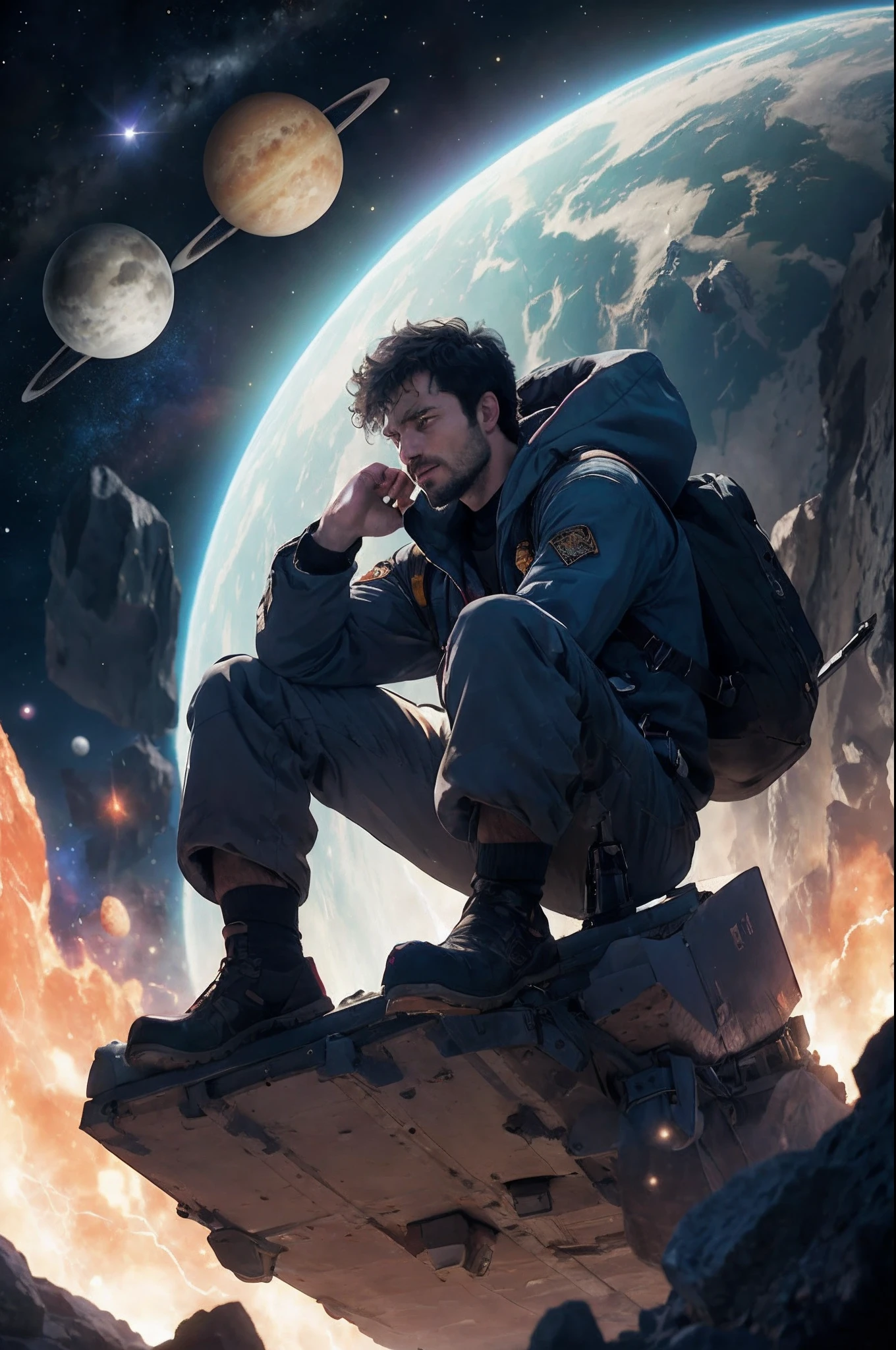 Draw a young programmer, sitting on a research platform floating in the middle of an asteroid belt. He is studying with a notebook, surrounded by several asteroids glowing with fiery auras. Dramatic lighting from distant stars and planets illuminates the scene, casting deep shadows on the suit. The young man looks confident and determined, looking at the vast and mysterious universe with wonder and respect,facial hair, cowboy shot,