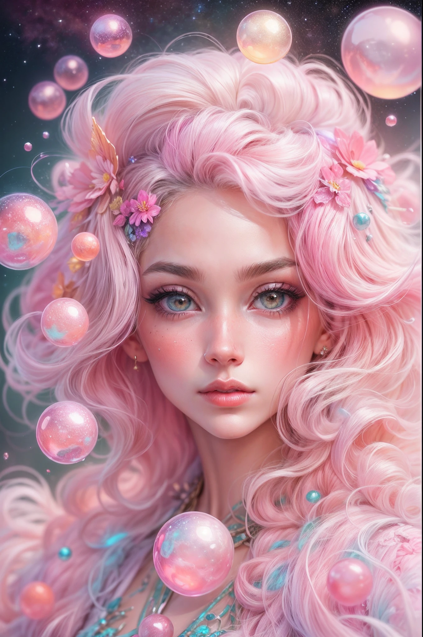 ((masterpiece)). This artwork is sweet, dreamy, and ethereal, with soft pink watercolor hues and lots of ornate cotton candy accents. Generate a delicate and demure fae exploring a (bubblegum world with a wide variety of pastel shades). Her sweet face is extremely detailed and realistic with elegant features, a perfect mouth with puffy kissable lips, and looks like ((((a fancy Micarah Tewers with lips touching)))). Her lips are a uniform pink hue. Include mature features and stunning, highly realistic eyes. Her eyes are important and should be realistic, highly detailed, and beautiful. In high definition and detail, include lots of details like stars, galaxies, colorful bubbles, colorful petals, dripping shimmering paint, iridescence, and lots of energy and emotion. The stars and colorful bubblegum bubbles are important! Include fantasy details, enhanced details, iridescence, colorful glittering wind, and pollen. Pay special attention to her face and make sure it is beautifully and realistically detailed. Camera: This art is dreamy and ethereal and the camera should emphasize those traits. Create something that is shockingly beautiful with fairy hues. Utilize dynamic composition techniques.