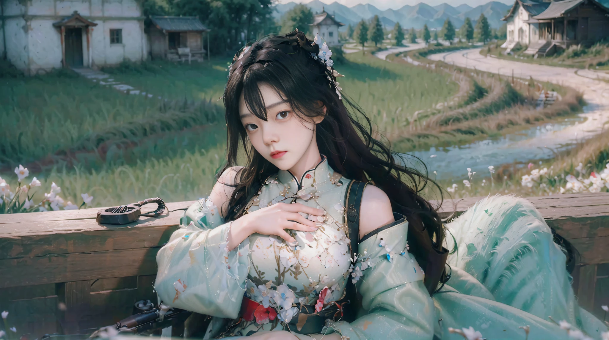 ((best qualtiy)), ((tmasterpiece)), (the detail:1.4), .。.。.3D, Ancient Chinese clothing, Kizi,Hand detail, Rural fields, Farming, Straw house，short- sleeved，ricefield，wildflowers，horse tailed，flatchest，Tools，Retro，decrepit，mont，Mist，suns,hdr（HighDynamicRange）,Ray traching,NVIDIA RTX,Hyper-Resolution,Unreal 5,Subsurface scattering、PBR Texture、post-proces、Anisotropy Filtering、depth of fieldaximum definition and sharpnesany-Layer Textures、Albedo e mapas Speculares、Surface coloring、Accurate simulation of light-material interactions、perfectly proportions、rendering by octane、Two-colored light、largeaperture、Low ISO、White balance、the rule of thirds、8K raw data、scalper，bunny