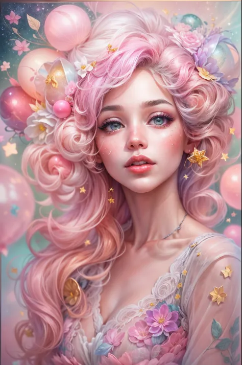 ((masterpiece)). This artwork is sweet, dreamy, and ethereal, with soft pink watercolor hues and lots of ornate cotton candy acc...