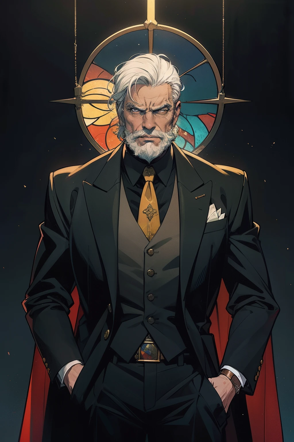masterpiece:1.2, best quality, absurdres, stained glass background, dark lighting, action shot, gritty, man in a suit, SCI-FI, older man with combed white hair and beard, centered portrait, in the style of Kentaro Miura, (1male), masculine man, somber expression, comic, intricate, surreal, yellow filled-in halo behind his head as symbolism for the Hanged Man,