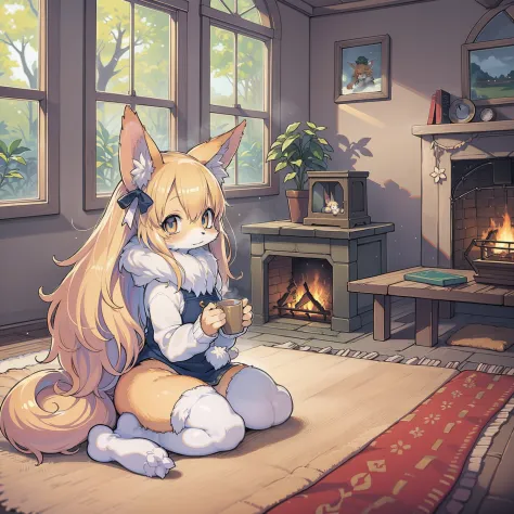 Anime Character Little Cute Fox Girl , big room, Lonely day, Fantasy Treehouse, Filled with attributed rooms, Ghibli Studio styl...