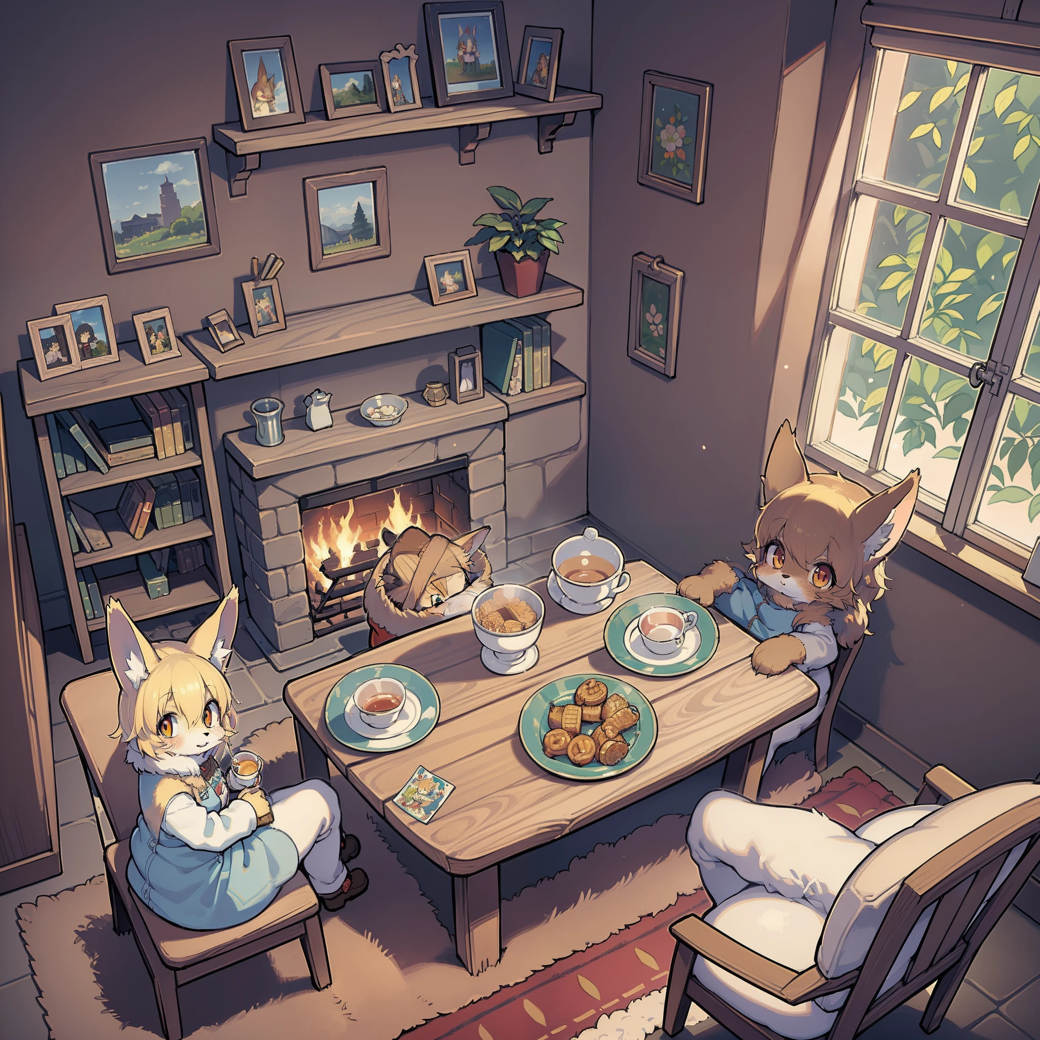 Personnage d&#39;anime Petite fille mignonne de renard , grande chambre,  jour, Cabane dans les arbres fantastique, Rempli de chambres attribuées, À la manière des studios Ghibli, fourrure dorée complexe, beaux et grands yeux, Salle chaleureuse avec vue arrière de personnages d&#39;anime, Assis devant une cheminée chaleureuse, Chambre confortable avec tapis de fourrure, Après-midi thé, Planter sur la table, douce lumière de la fenêtre