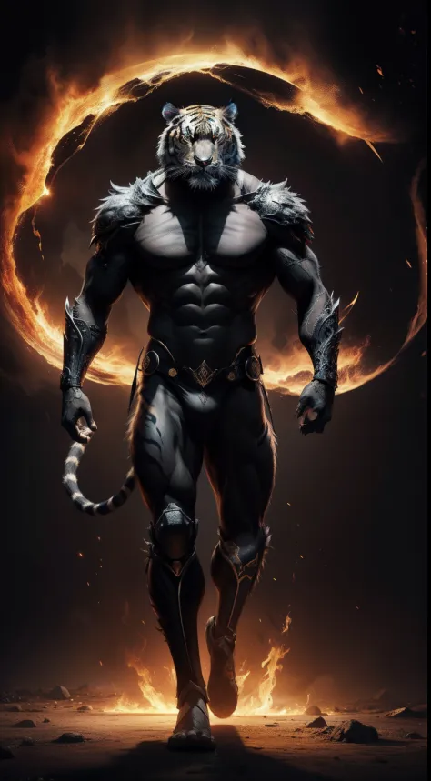 god of death, tiger face, god body, black magic, black portal background, black fire, full body, Animal Anthropomorphism, realistic digital, humanoid, abstract background, global illumination, intricate, epic, dramatic, masterpiece, high detail, best quali...