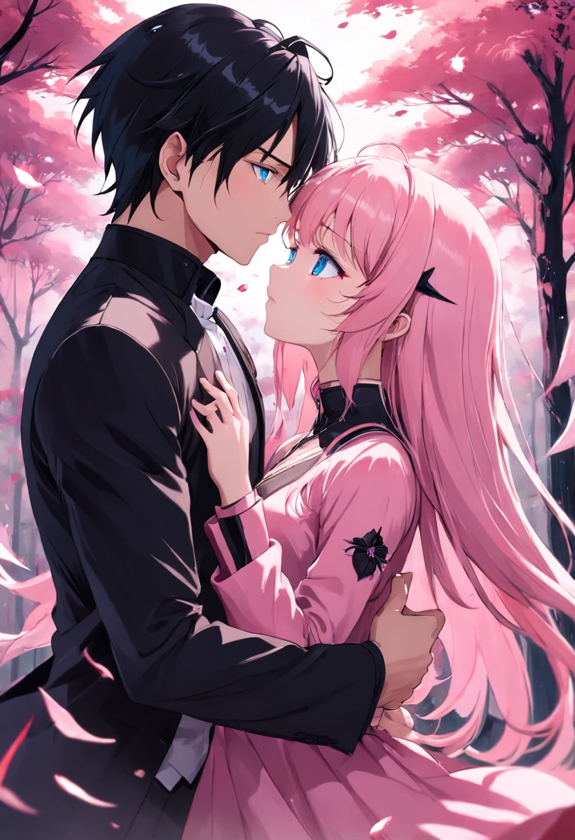 A couple of anime characters hugging in the woods - SeaArt AI