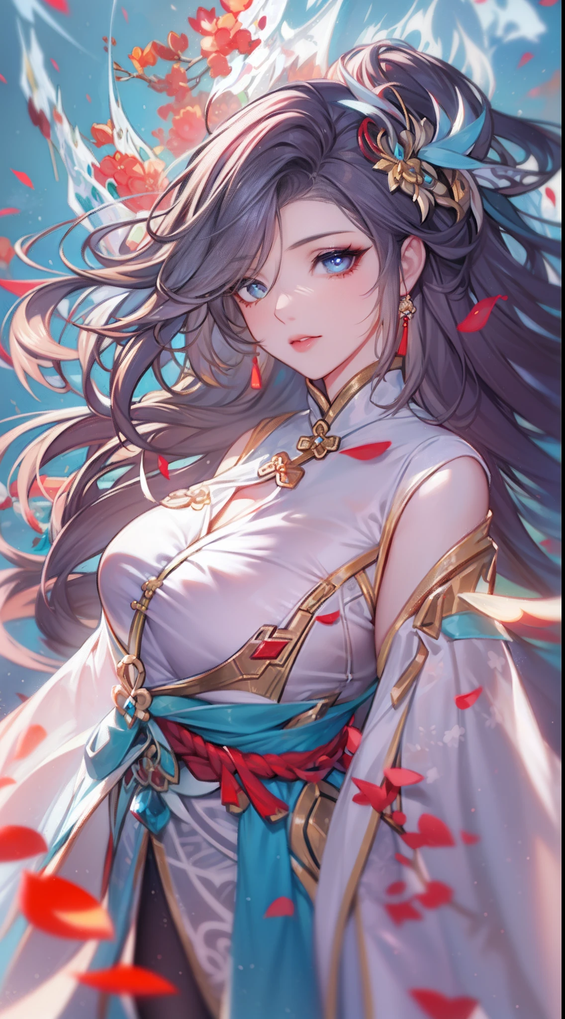 woman, full body, detailed face, mature woman, chinese costume, fantasy, white background, sharp face, particles (rose petals), cleavage, cinematic light, hair between eyes, dynamic angle, blue eyes, (shenhe \(genshin impact) \)