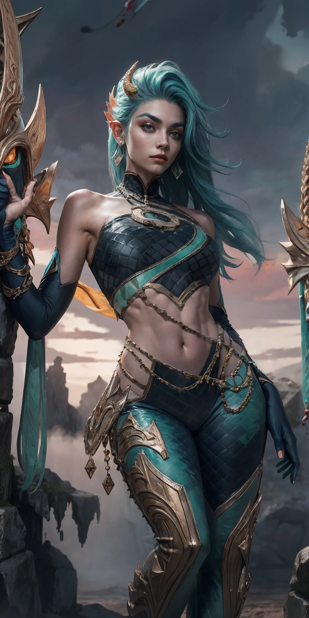 ((Tall girl reciting mantras)), peeking out from under his forehead, BREAK, (Fog in the background, Chaos, destruction, Gold Chains, Blood and sand), (Slim_thights:1.3), ((big breastes)), Slender_thights, aqua hair, 1girl, 独奏, (shapely body:1.4), generous cleavage, Skinny,  detailed anatomy, the perfect body, Detailed body, detailized face, Beautiful anatomical eyes. BREAK Kaisa Dragon Lagoon,  The BREAK is very detailed, Intricately detailed art, Artstation's Detailed Triadic Color Trend in Unreal Engine 5, 8K resolution, deviantart masterpiece.