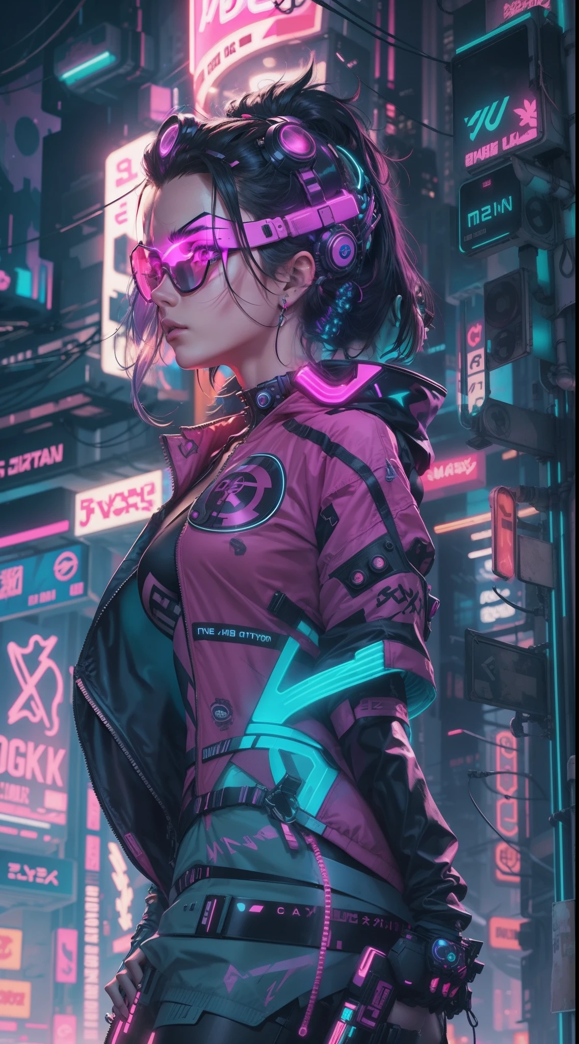 "Cyberpunk-Stadt mit einer stylischen Dame in futuristischer Kleidung und lebendiger Neonbeleuchtung."