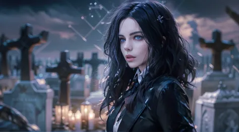 Beautiful woman reminiscent of Yennefer from The Witcher with long black hair and violet eyes bright as constellations, obra pri...