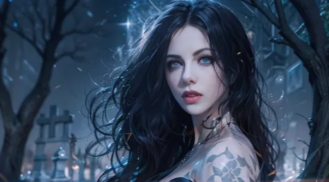 Beautiful woman reminiscent of Yennefer from The Witcher with long black hair and violet eyes bright as constellations, obra pri...