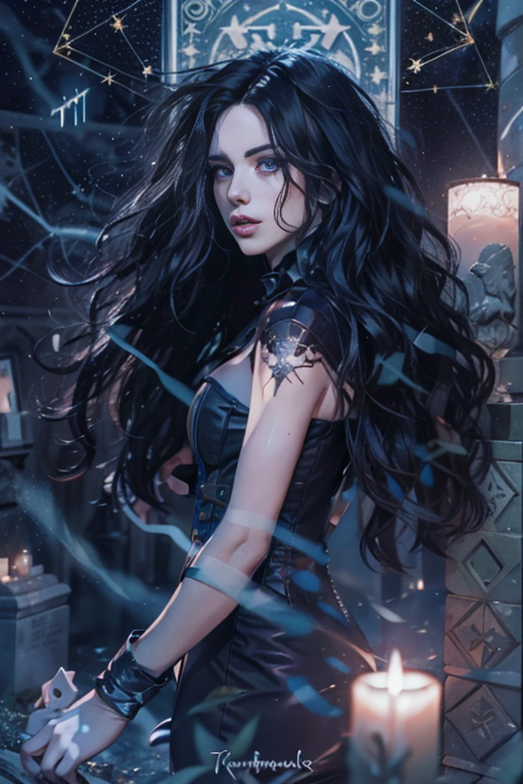 Schöne Frau, die sich erinnert《Der Zauberer》Yennefer em ，Langes schwarzes Haar und violette Augen, so hell wie Sternbilder, Meisterstück, Hyperqualität, 8k, Ihr Haar fiel über ihre Schultern, Der Hintergrund ist ein Friedhof, Sie trug einen schwarzen Anzug und eine Krawatte.....