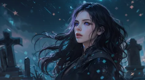 Mulher bonita que lembra《O Bruxo》Yennefer em ，Long black hair and violet eyes as bright as constellations, tmasterpiece, hiper q...