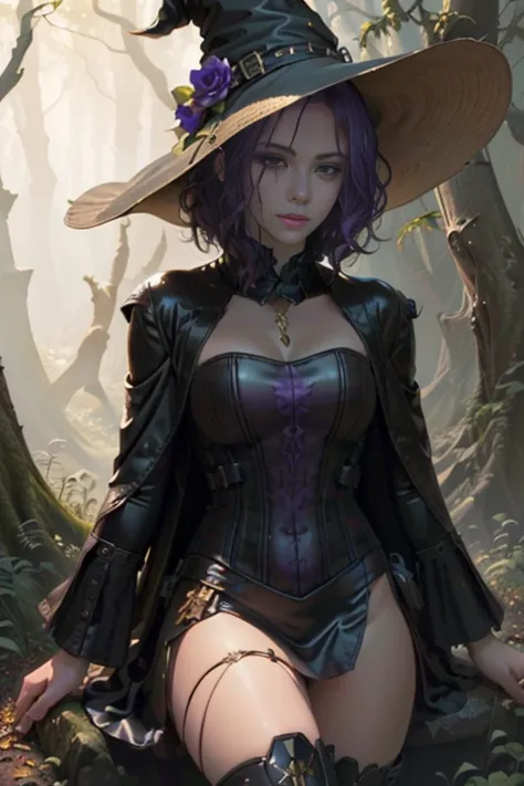 Stempunk witch with purple hair and hat in a forest, Modelo IG | Artgerm, Artgerm extremamente detalhado, WLOP e Artgerm, WLOP |...