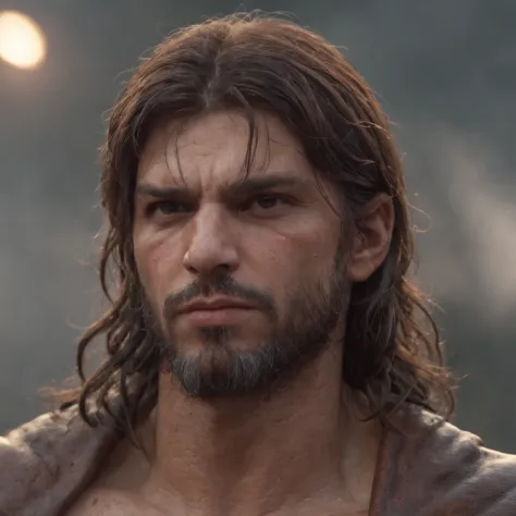 (Professional 3D rendering:1.3) de (Realistic:1.3) Foto de arte mais bonita do mundo，Features soft, bright male heroes, ((Epic hero fantasy rough muscular man wet hero angry look long hair short beard and fierce expression on his knees, fantastic location,...