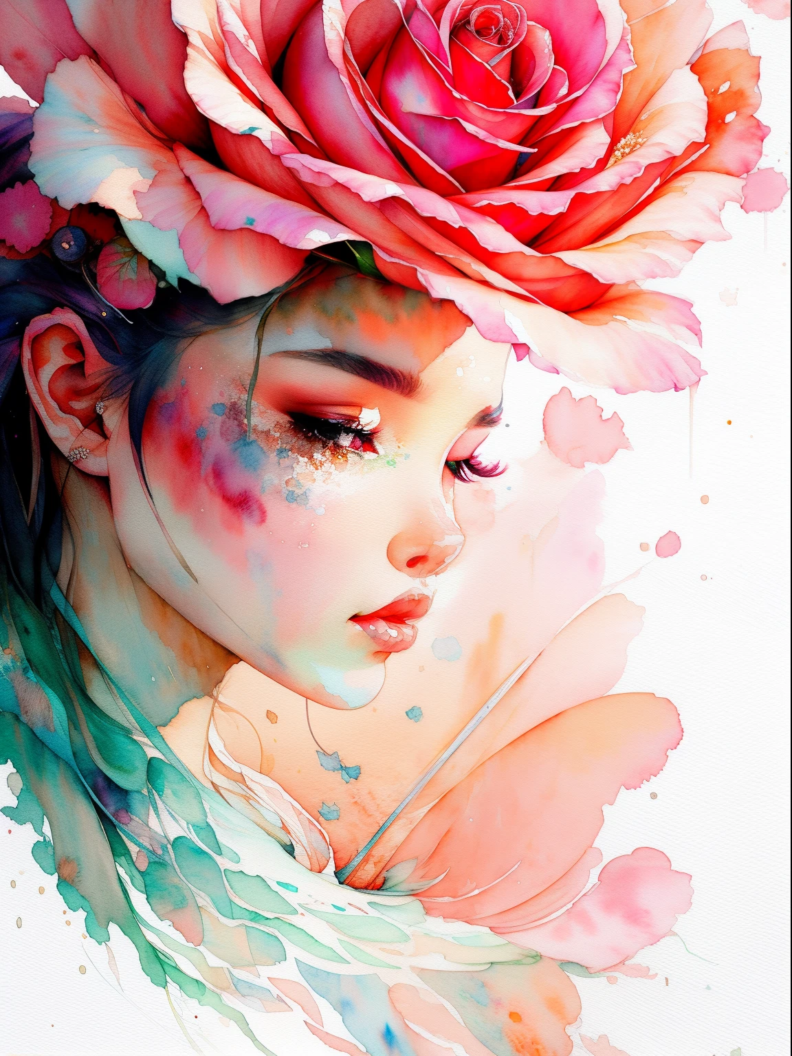 wtrcolor style, digital art of (rose), official art, blown by the wind, masterpiece, beautiful, ((watercolor)), paint splatter, intricate details. Great detail, [dripping:0.5], trending on Artstation, Rachel Walker