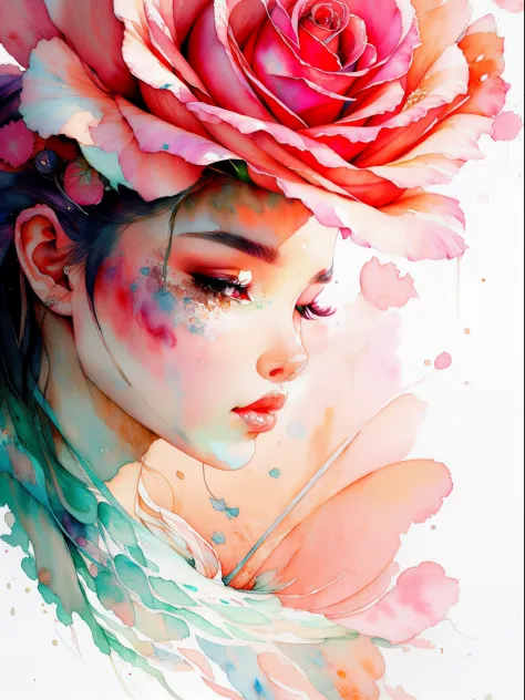 wtrcolor style, digital art of (rose), official art, blown by the wind, masterpiece, beautiful, ((watercolor)), paint splatter, ...