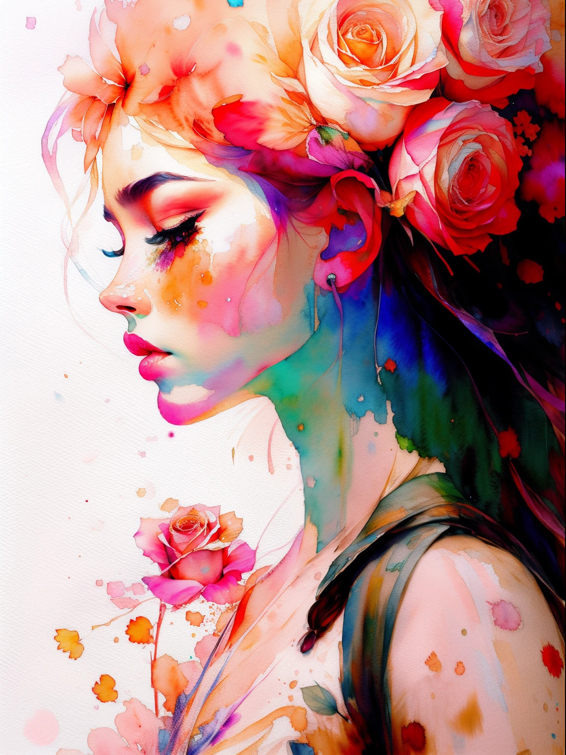 wtrcolor style, digital art of (rose), official art, blown by the wind, masterpiece, beautiful, ((watercolor)), paint splatter, intricate details. Great detail, [dripping:0.5], trending on Artstation, Rachel Walker