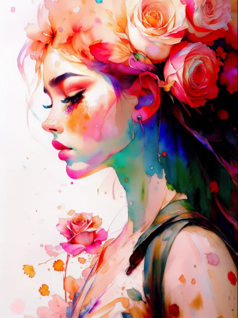 wtrcolor style, digital art of (rose), official art, blown by the wind, masterpiece, beautiful, ((watercolor)), paint splatter, ...