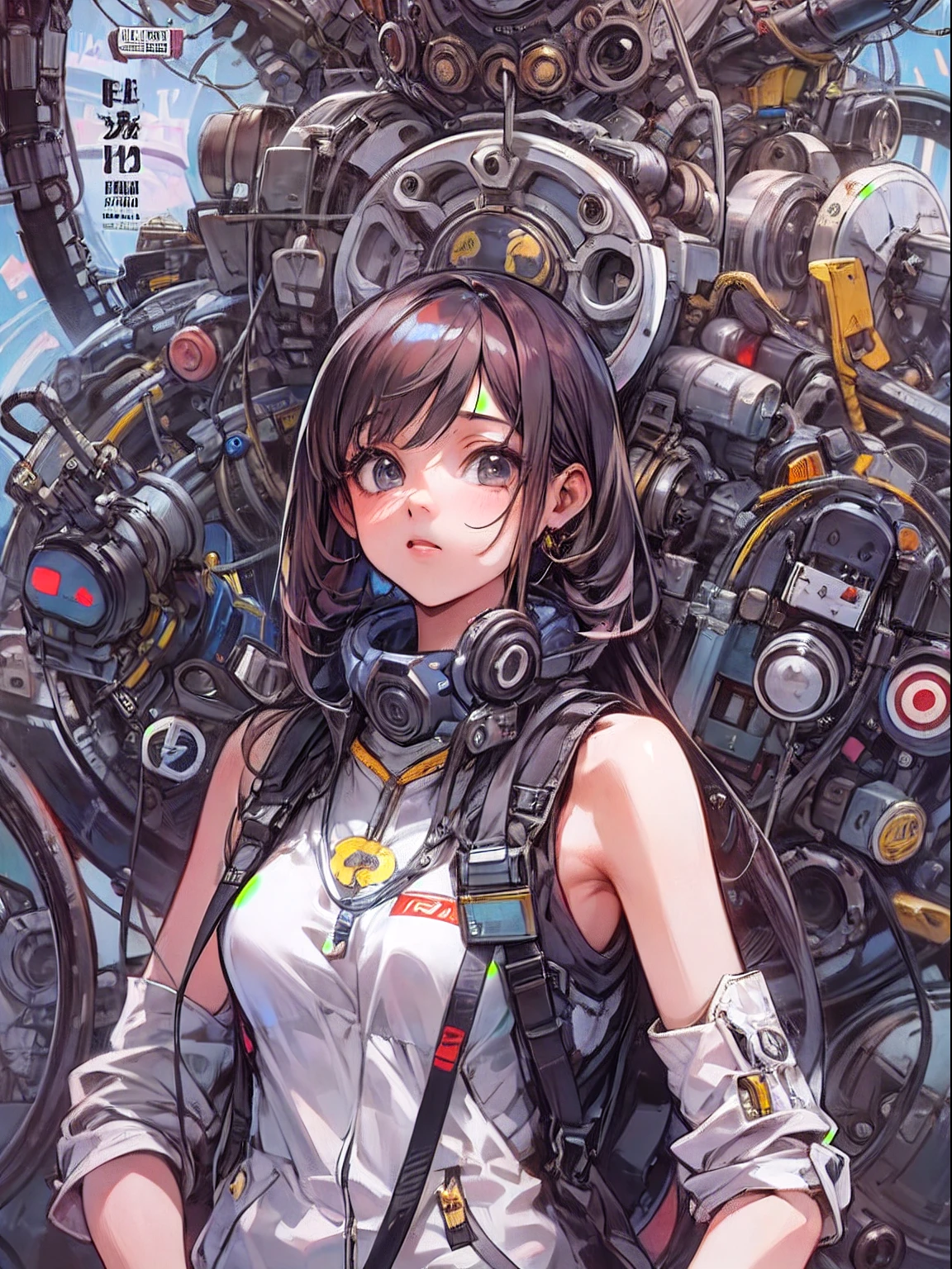 Manga magazine cover, menina bonito:1.2, roupas Techwear, Mechanical spider, Cabos, engrenagens, circles, fractais, art-station, CGSetnação, arte Carlos Meglia