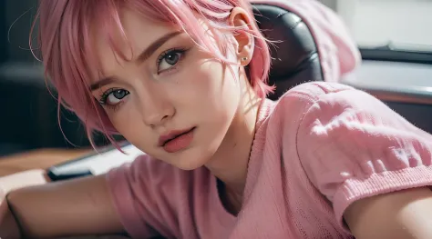 photo of a big breast woman ,  ,super detailed face, explainer, cute girl , explaining , thinking, with short pink hair, jovana rikalo, young business woman, with pink hair, high quality portrait , aleksandra waliszewska