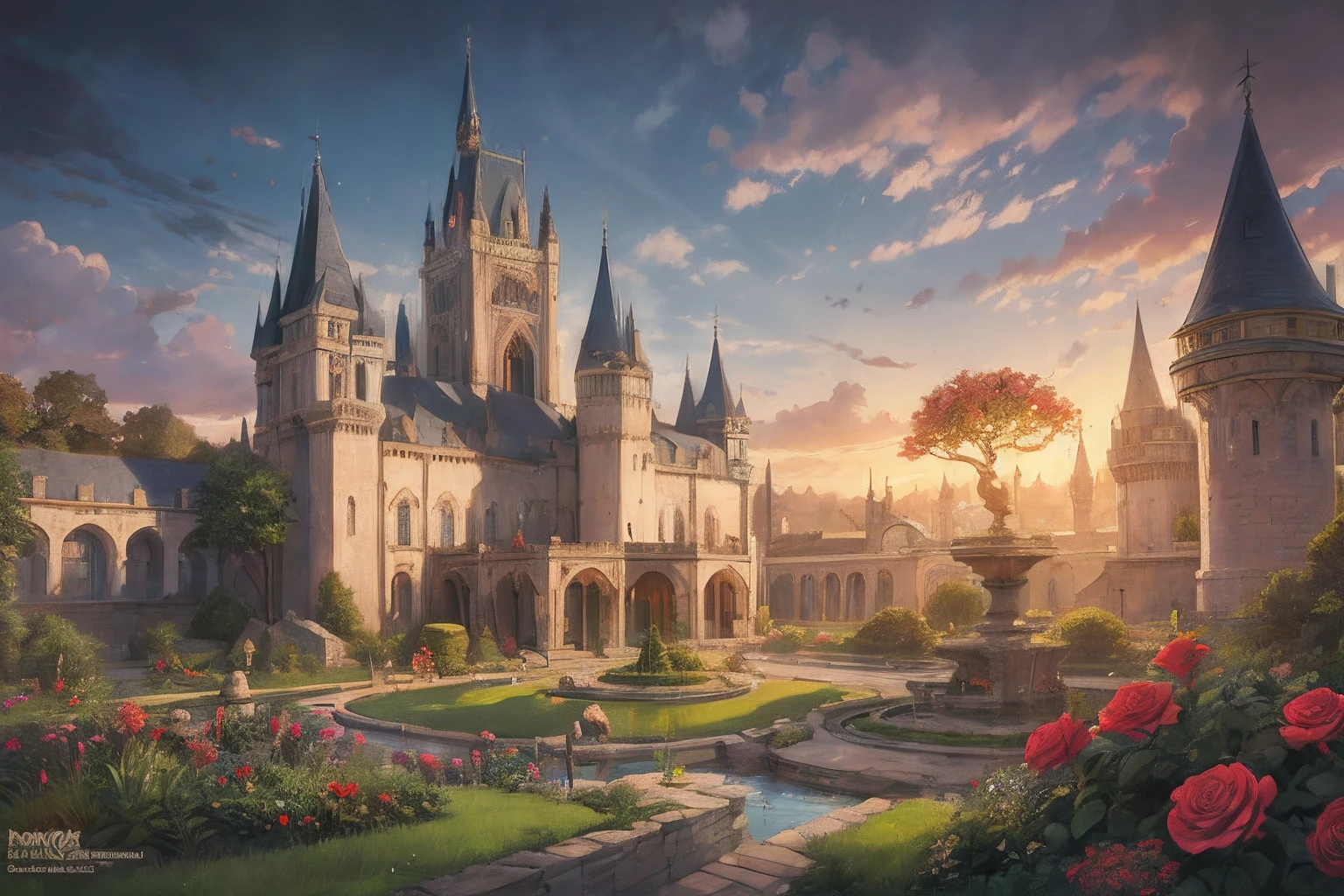 An illustration of a lush and vibrant kingdom, with towering castles and cobblestone streets. Inspired by artist John Howe. The royal garden at the center features a glowing rose bush. Warm color temperature, serene expressions. Soft, golden lighting with a dreamy atmosphere. --auto --s2