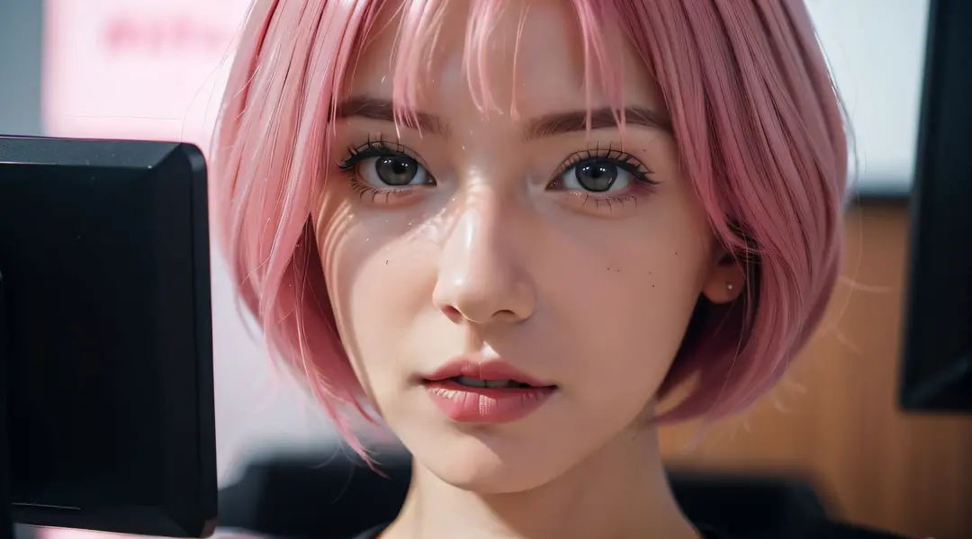 photo of a surprised woman ,super detailed face, facing computer , cute girl , explaining , thinking, with short pink hair, jovana rikalo, young business woman, with pink hair, high quality portrait , aleksandra waliszewska