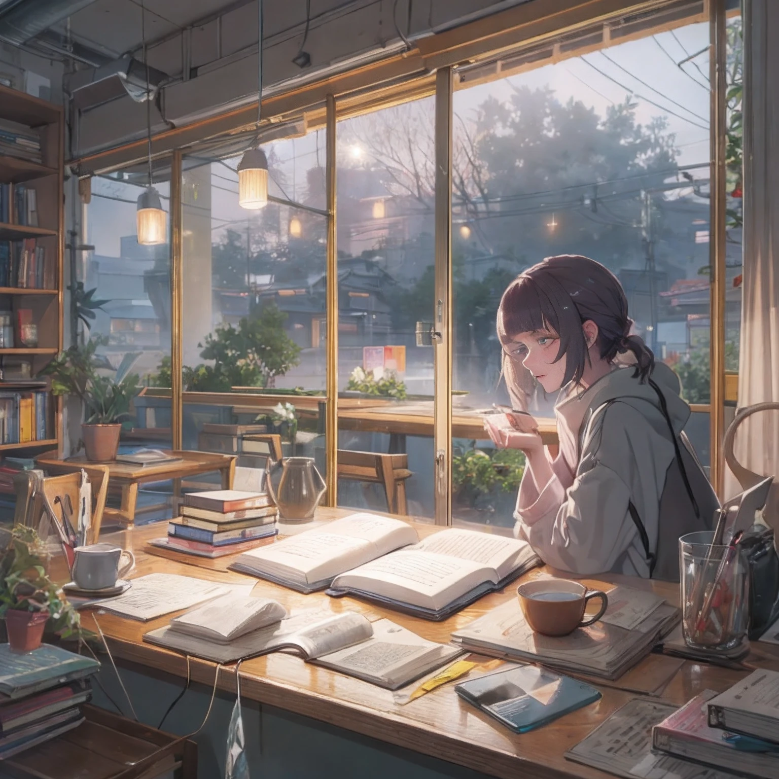 ((lo fi music for study: 1.3) +(japanese aesthetic: 1.1))e(auto-estudo:0.9),Minimalista, Ambiente, cores silenciadas,peaceful, Relaxed, aconchegante,calmo,ritmo lento,conducive for concentration,reconfortante, night time, livro aberto, coffee cup, desk lamp, light rain outside,estudante, fones de ouvido ,leitura, produtivo,Nanakusa Nazuna