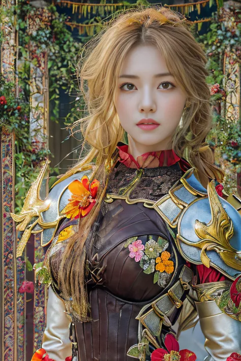 25 year old girl, Korean Beauties, (8K, Best Quality:1.2), (masutepiece:1.37), (Photo, Photorealistic:1.37), (超A high resolution), Full body, Walking Pose, shot from front, slow motion, Female Paladin in Body Armor, (Half Armor), (Gold and red accent armor...