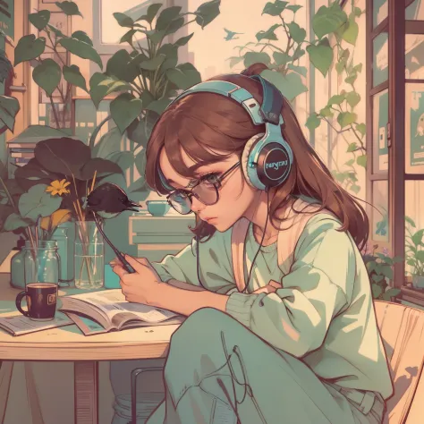 1woman, solo, sitting at a table with headphones, a book and a bird, lofi girl, lofi art, lofi art style, lofi feel, lofi portra...