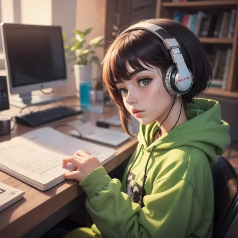 1girl, solo, sitting at a table with headphones, wearing a green hoodies , a book and a bird, lofi girl, lofi art, lofi art styl...