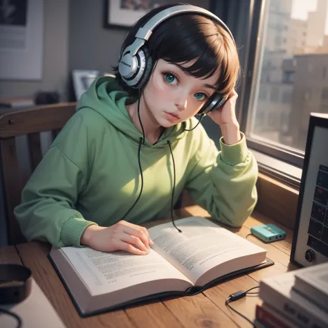 1girl, solo, sitting at a table with headphones, wearing a green hoodies , a book and a bird, lofi girl, lofi art, lofi art styl...