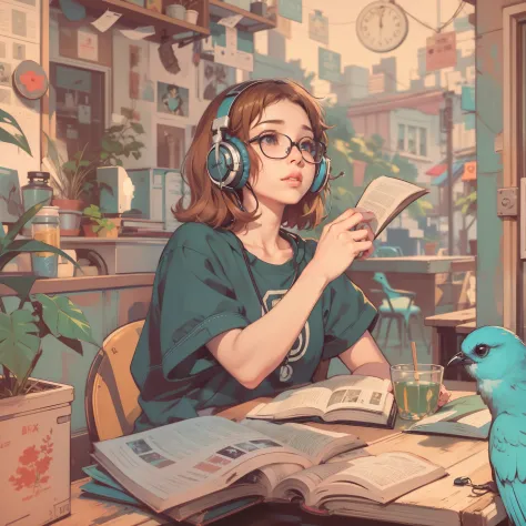1woman, solo, sitting at a table with headphones, a book and a bird, lofi girl, lofi art, lofi art style, lofi feel, lofi portra...