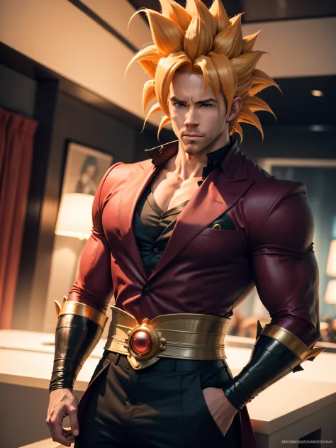 um homem, com traje do super sayajin do dragon ball z, como goku do dragon ball z, fotorealista, autoretrato realista, imagem re...