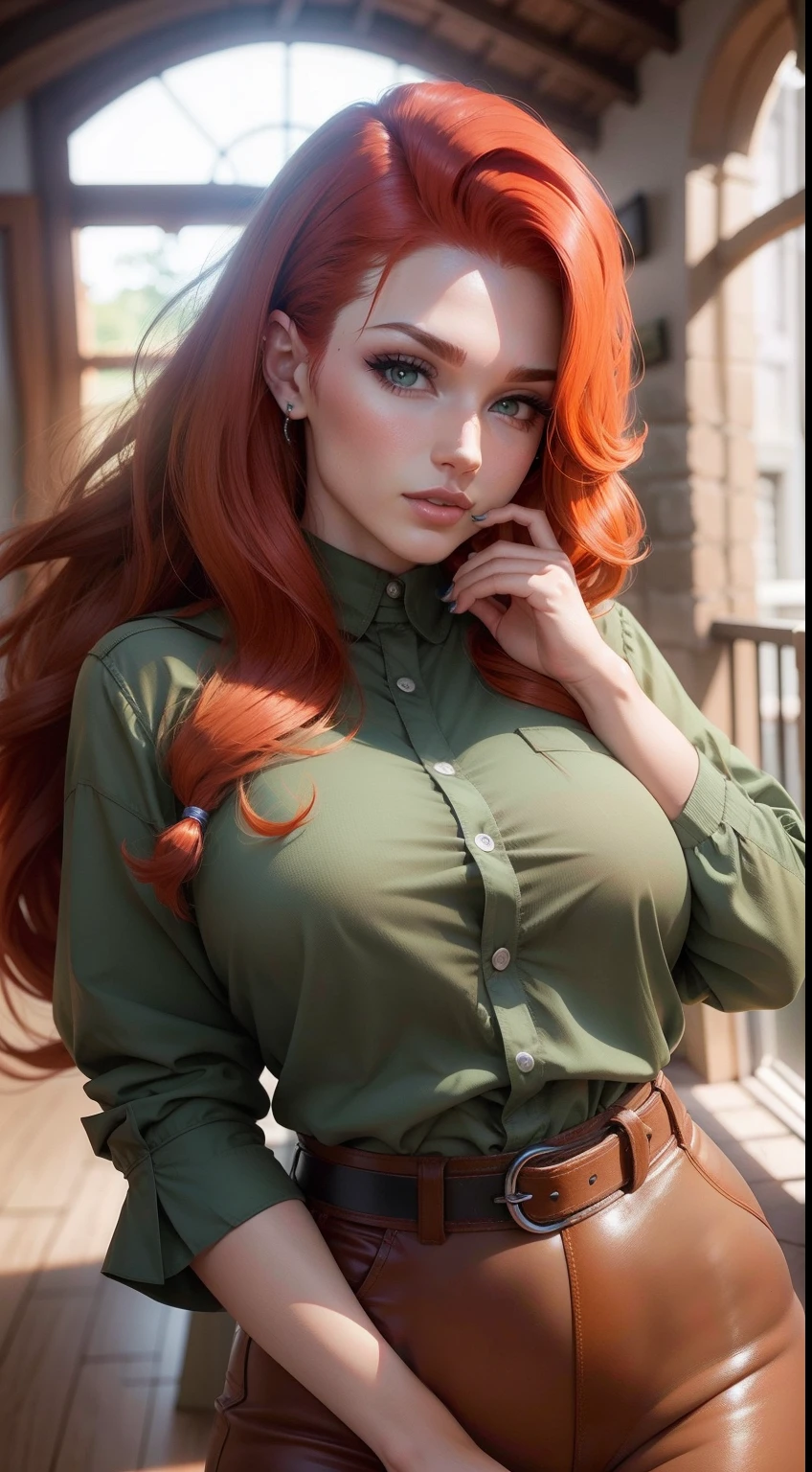 A close up of a woman with red hair and a green shirt - SeaArt AI