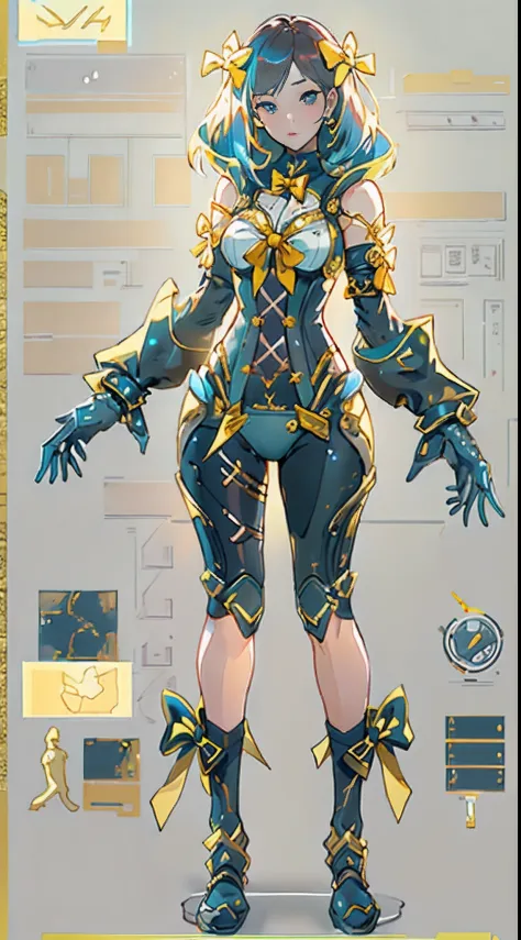 Design a layout showcase Gaming character, (1girl). Golden+Purle clothes, stylish and unique, ((bow:1.4)), (masterpiece:1.2), (best quality), 4k, ultra-detailed, (Step by step design, layout art:1.5), (luminous lighting, atmospheric lighting), Final Fantas...