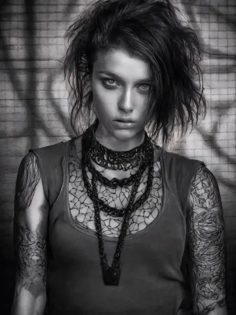 Raw++ intricate portrait photograph of a bold and confident tattooed brunette with a seductive facial expression, gritty++, intricate details, (intricate++ blue-- eyes), posing in a dark and moody industrial setting, sexy s&m clothing, leather & lace+, spi...