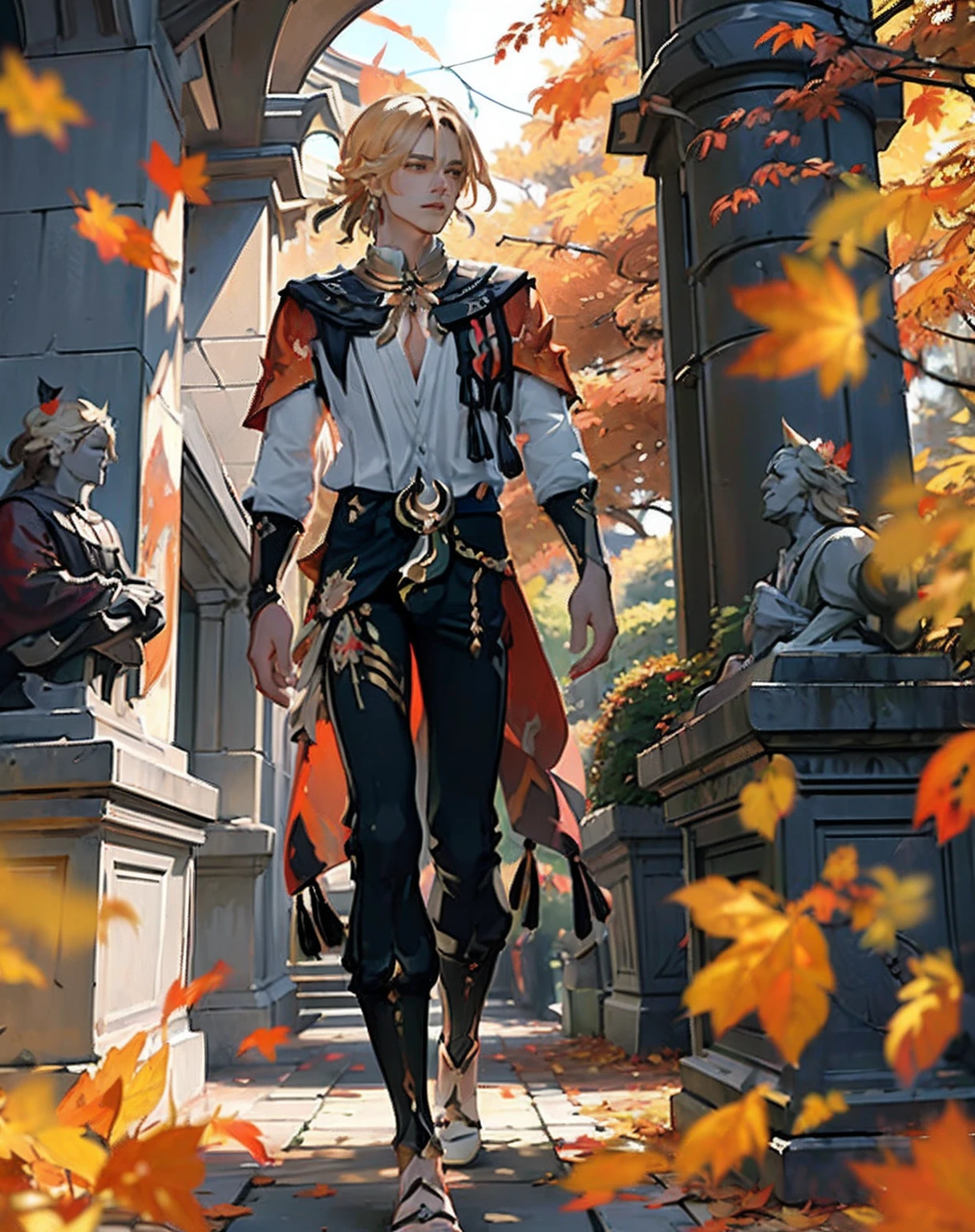 ((masterpiece, best quality)),  ((autumn, maple leaf, autumn orange leaves)), kaveh, blond hair, red eyes, ((black pants)), feather hair ornament, white shirt with red details and embroidery, 1man solo, walking outside, autumn trees, park with statues and columns, fullbody walking