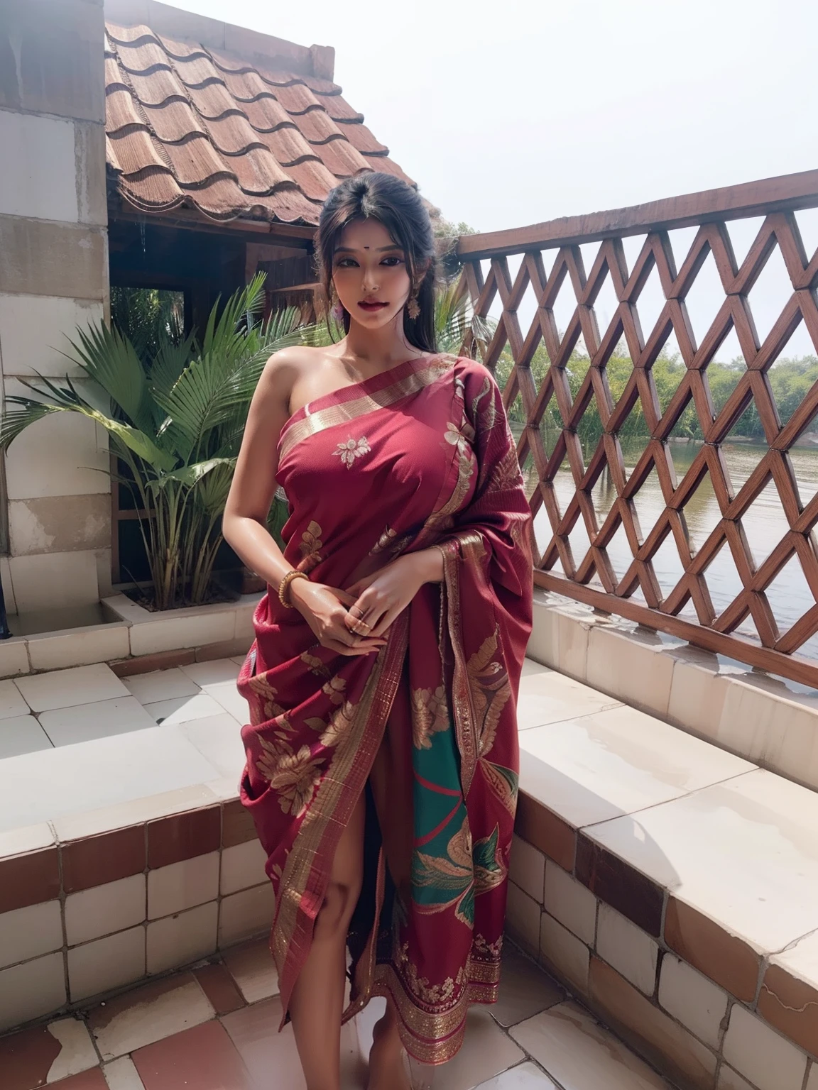 A woman in a red sari posing on a balcony - SeaArt AI