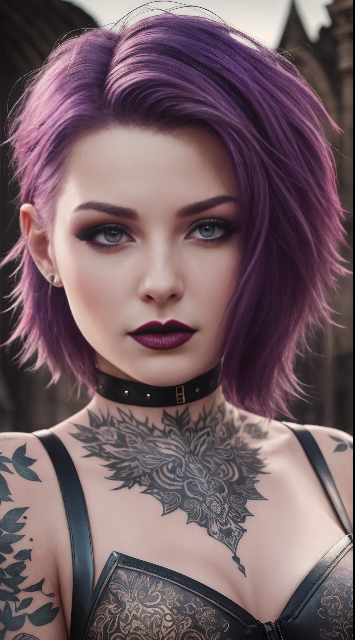 Malicious gothic girl, purple hair, short hair sides shaved:1.3, sensual pose, in red leather corset:1.2, (in the garden of a ruined gothic cathedral:1.2), tattooed, pierced, black makeup , photorealistic, photo, masterpiece, realistic, realism, photorealism, high contrast, photorealistic digital art trending on Artstation 8k HD high definition detailed realistic, detailed, skin texture, hyper detailed, realistic skin texture, best quality, ultra high res, (photorealistic:1.4), high resolution, detailed, raw photo, sharp re, by lee jeffries nikon d850 film stock photograph 4 kodak portra 400 camera f1.6 lens rich colors hyper realistic lifelike texture dramatic lighting unrealengine trending on artstation cinestill 800,