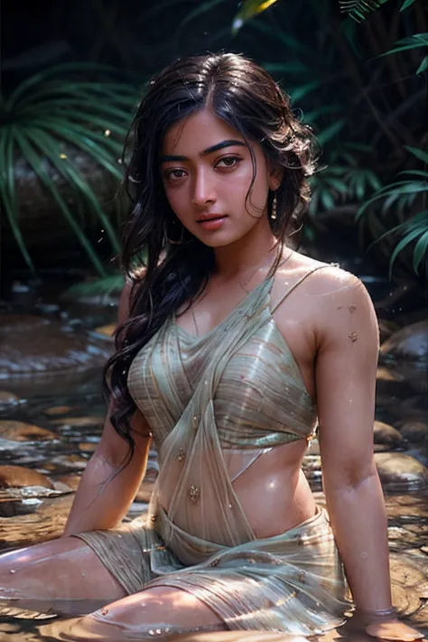 Close up portrait of a cute woman (Rashmika) bathing naked in a crystal clear river, reeds, (backlighting), realistic, masterpiece, highest quality, lens flare, shade, bloom, [[chromatic aberration]], by Jeremy Lipking, by Antonio J. Manzanedo, digital pai...