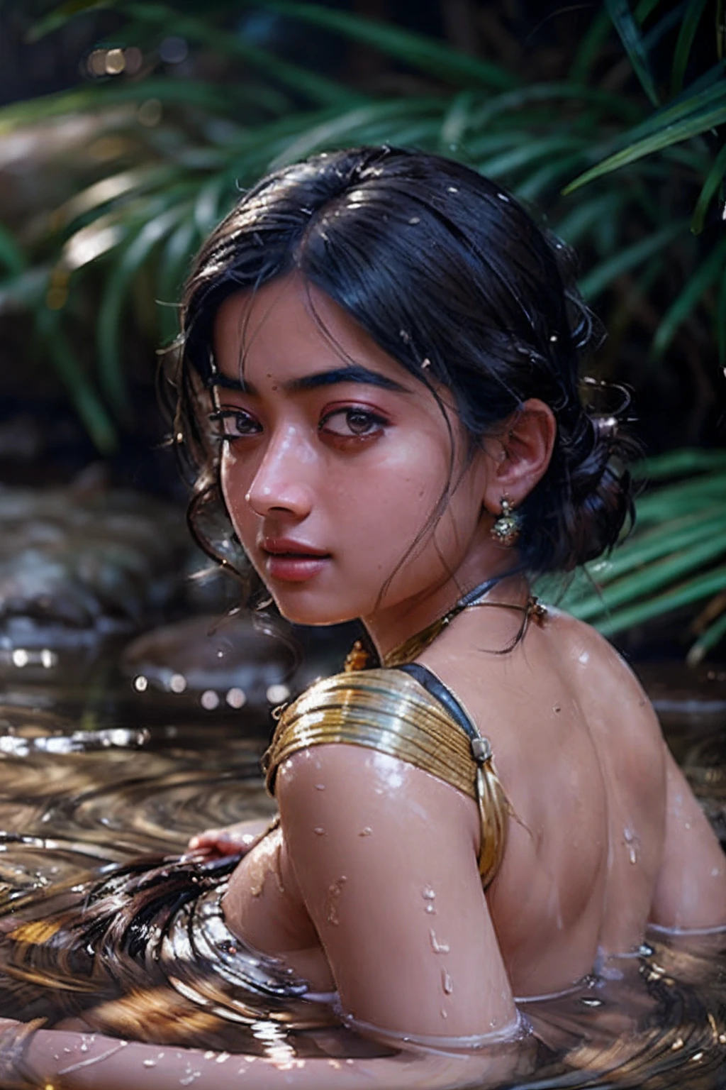 Close up portrait of a cute woman (Rashmika) bathing naked in a crystal clear river, reeds, (backlighting), realistic, masterpiece, highest quality, lens flare, shade, bloom, [[chromatic aberration]], by Jeremy Lipking, by Antonio J. Manzanedo, digital painting,